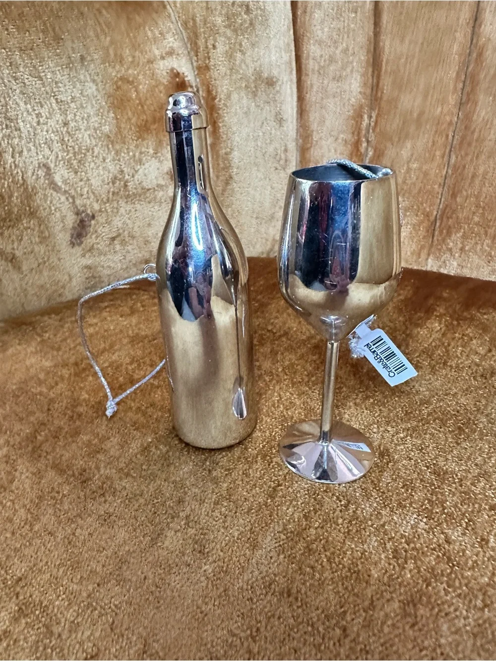Crate&Barrel Silver Metallic Wine Bottle and Goblet Glass Ornaments